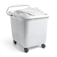 A white storage bin on wheels filled with a blanket, designed for easy organization photo
