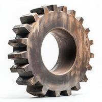 A large, industrial gear with a rugged texture and circular hole in the center photo
