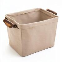 A beige fabric storage basket with wooden handles for organizing items photo