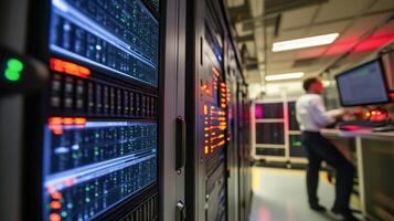 A data center with servers and a technician working at a computer station photo