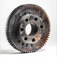 A large, industrial gear with a central hole and multiple holes around its circumference photo