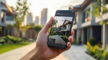 A person holds a smartphone displaying a modern house photo amidst urban greenery