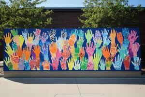 A vibrant mural featuring colorful handprints, symbolizing unity and diversity photo