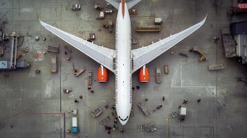 Aerial view of an airplane on the tarmac surrounded by luggage and personnel photo
