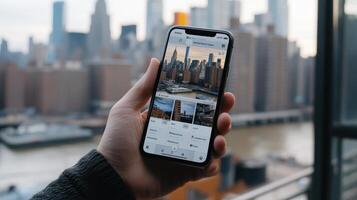 A person holds a smartphone displaying a cityscape image with skyscrapers and a river photo