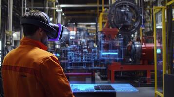 A worker in VR gear interacts with digital data in an industrial setting photo