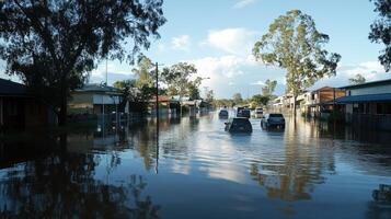 A flooded street with vehicles navigating through high water under a clear sky photo