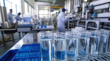 Laboratory setting with glass containers of water, equipment, and personnel in white coats photo