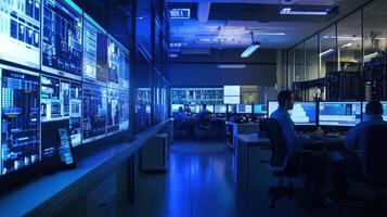 A high-tech control room with multiple screens displaying data and analytics photo