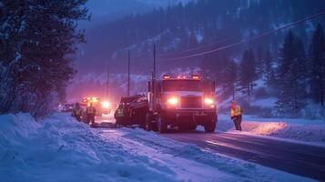 Emergency response vehicles on a snowy road at dusk, assisting with a situation photo