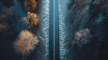 Aerial view of a highway surrounded by flooded trees in a serene landscape photo