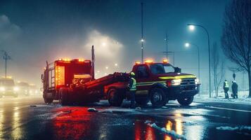 Emergency response scene with tow trucks at night in snowy conditions photo