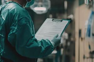 A healthcare professional reviewing a clipboard in a medical setting photo