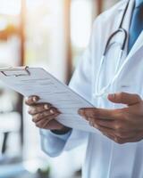 A healthcare professional reviewing a document in a clinical setting photo
