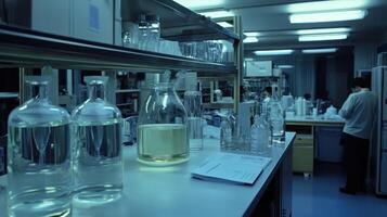 A laboratory scene with glassware and a researcher working in a scientific environment photo