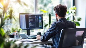A person working on a computer in a plant-filled office space photo