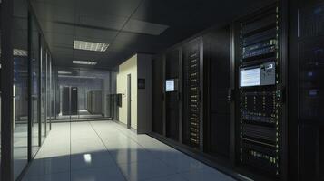 A modern data center corridor with server racks and equipment photo