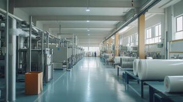 A spacious industrial facility with machinery and production materials photo