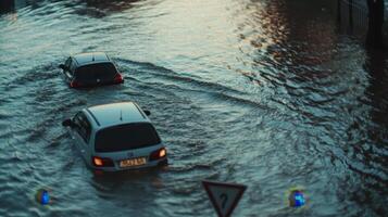Two cars navigating through a flooded street, illustrating the impact of heavy rainfall photo