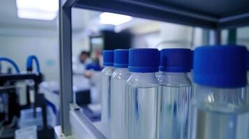 A laboratory setting with bottles of clear liquid, suggesting scientific research or experimentation photo