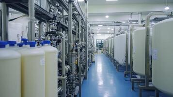 Industrial facility with large tanks and piping, likely for processing or manufacturing. photo