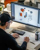 A designer sketches and works on 3D models at a computer in a creative workspace photo