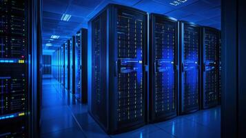 A dimly lit server room filled with high-tech data servers photo