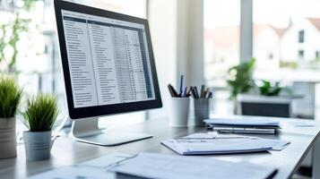 A modern office workspace featuring a computer and organized documents photo