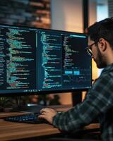 A programmer coding on dual monitors in a modern workspace photo