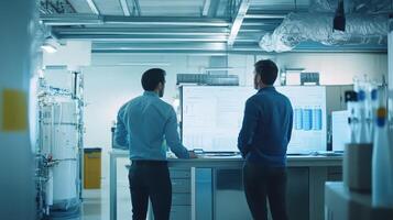 Two professionals analyzing data on a large screen in a modern laboratory setting photo