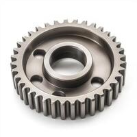 A metallic gear with teeth and a central hole, used in machinery for power transmission photo