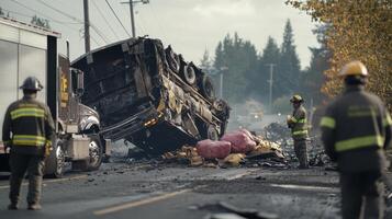 A serious accident scene with a wrecked truck and emergency responders photo