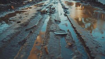 A muddy, waterlogged path with tire tracks reflecting light photo