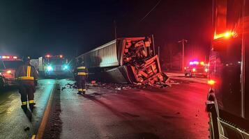 Emergency responders at a truck accident scene during nighttime photo