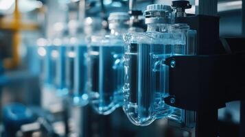 Transparent containers with blue liquid in an industrial setting photo