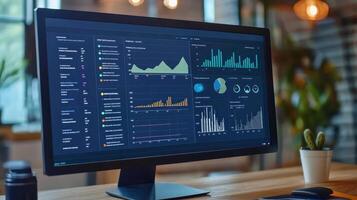 A computer monitor displaying various data visualizations and analytics photo
