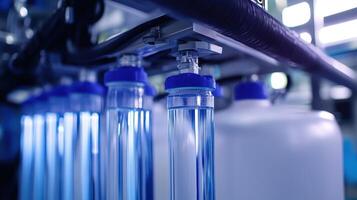 A close-up of laboratory equipment dispensing liquid into clear containers photo