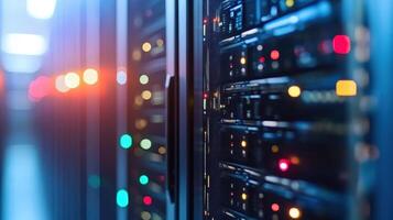 A close-up view of server racks in a data center, showcasing lights and technology photo