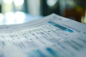 A close-up of a document featuring data tables and graphs. photo
