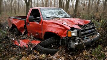 A damaged red pickup truck abandoned in a forest, surrounded by overgrown vegetation photo