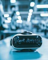 A sleek virtual reality headset placed on a table in a modern, illuminated environment photo