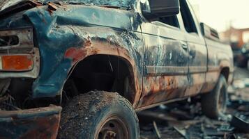 A close-up of a rusted, abandoned vehicle in a junkyard, showcasing decay and neglect photo