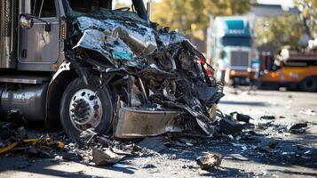 A severely damaged truck after a collision, showcasing the aftermath of a traffic accident photo