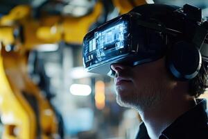 A person wearing a virtual reality headset in an industrial setting with robotic machinery photo