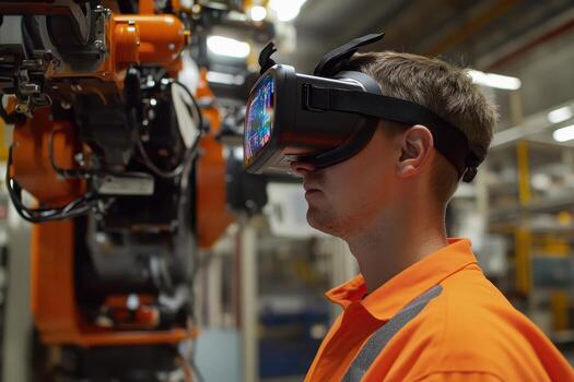 A person using virtual reality in an industrial setting, interacting with machinery photo