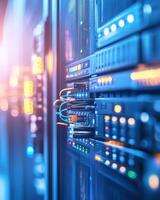 Close-up of server racks with illuminated indicators and connected cables in a data center photo