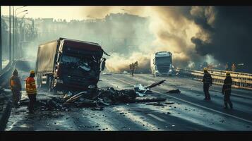 A scene of a serious accident with damaged trucks and emergency responders photo
