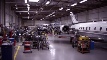 A busy aircraft maintenance facility with technicians working on jets and engines photo