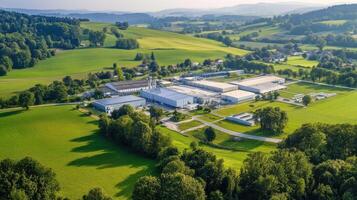Aerial view of a large industrial facility surrounded by lush green fields and hills photo