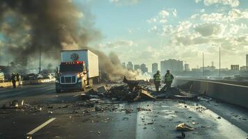 A truck accident scene on a highway with emergency responders and debris photo